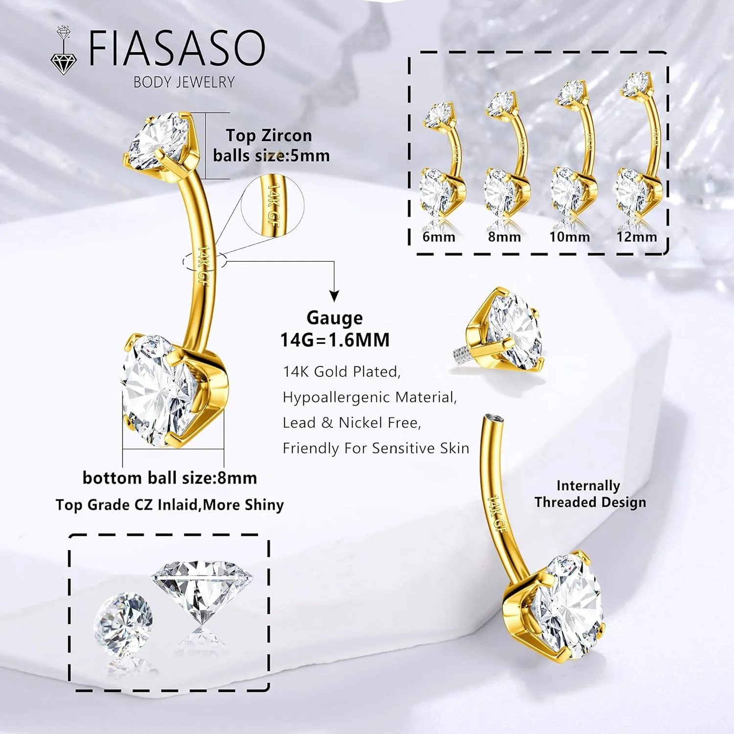 FIASASO 14G Surgical Steel G23 Titanium Sterling Silver 14K Gold Belly Button Rings for Women Round Cubic Zirconia Navel Barbell Stud Hypoallergenic Body Piercing Jewelry
