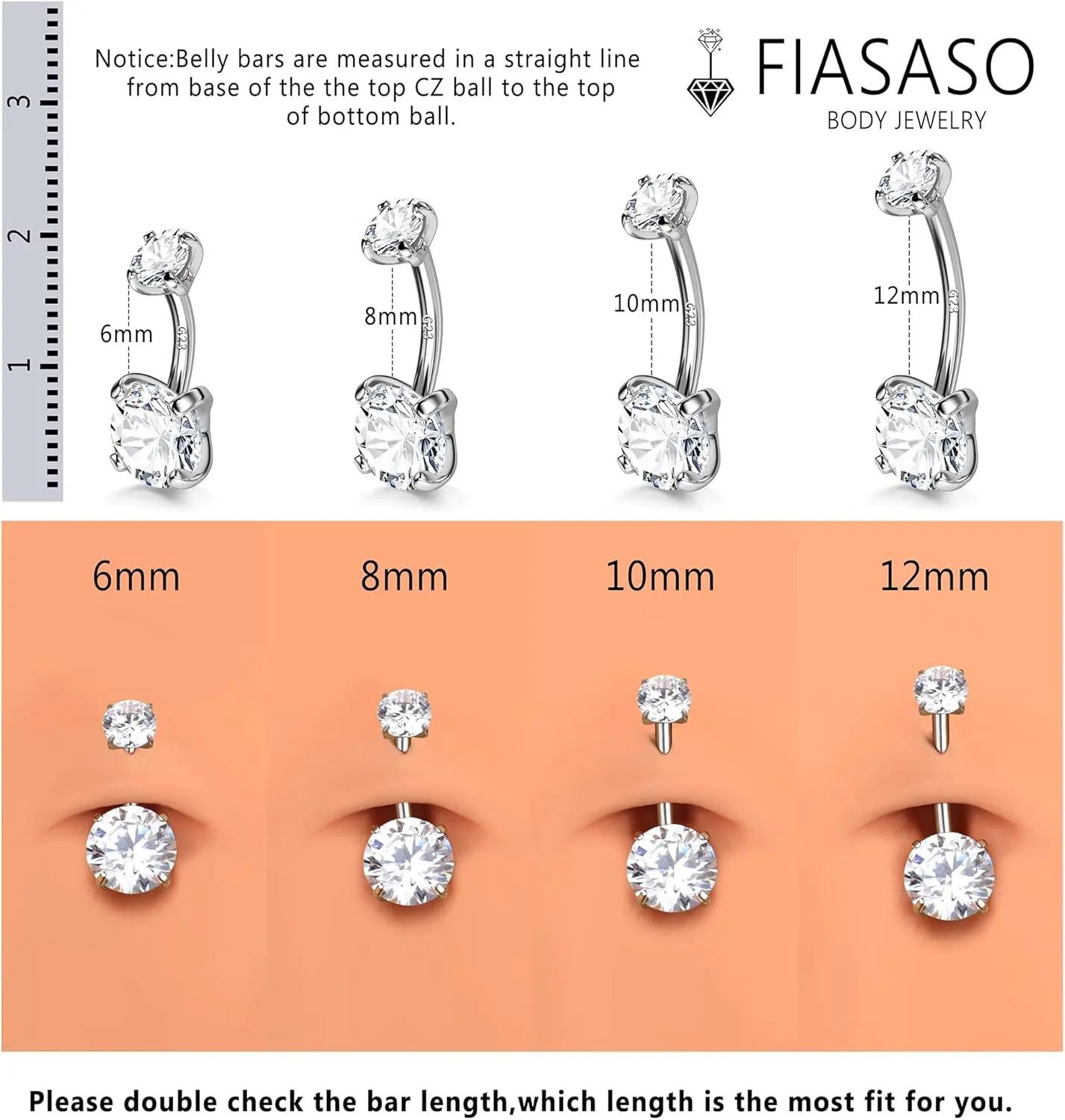 FIASASO 14G Surgical Steel G23 Titanium Sterling Silver 14K Gold Belly Button Rings for Women Round Cubic Zirconia Navel Barbell Stud Hypoallergenic Body Piercing Jewelry