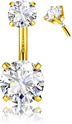 FIASASO 14G Surgical Steel G23 Titanium Sterling Silver 14K Gold Belly Button Rings for Women Round Cubic Zirconia Navel Barbell Stud Hypoallergenic Body Piercing Jewelry