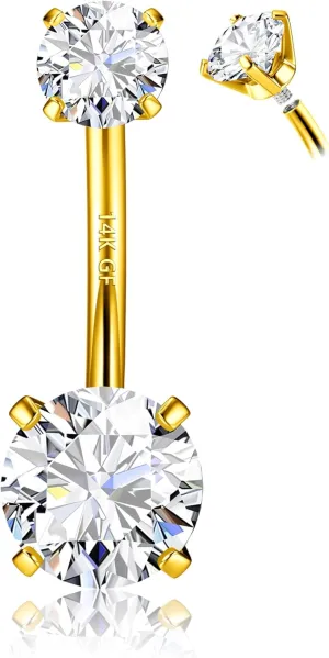 FIASASO 14G Surgical Steel G23 Titanium Sterling Silver 14K Gold Belly Button Rings for Women Round Cubic Zirconia Navel Barbell Stud Hypoallergenic Body Piercing Jewelry