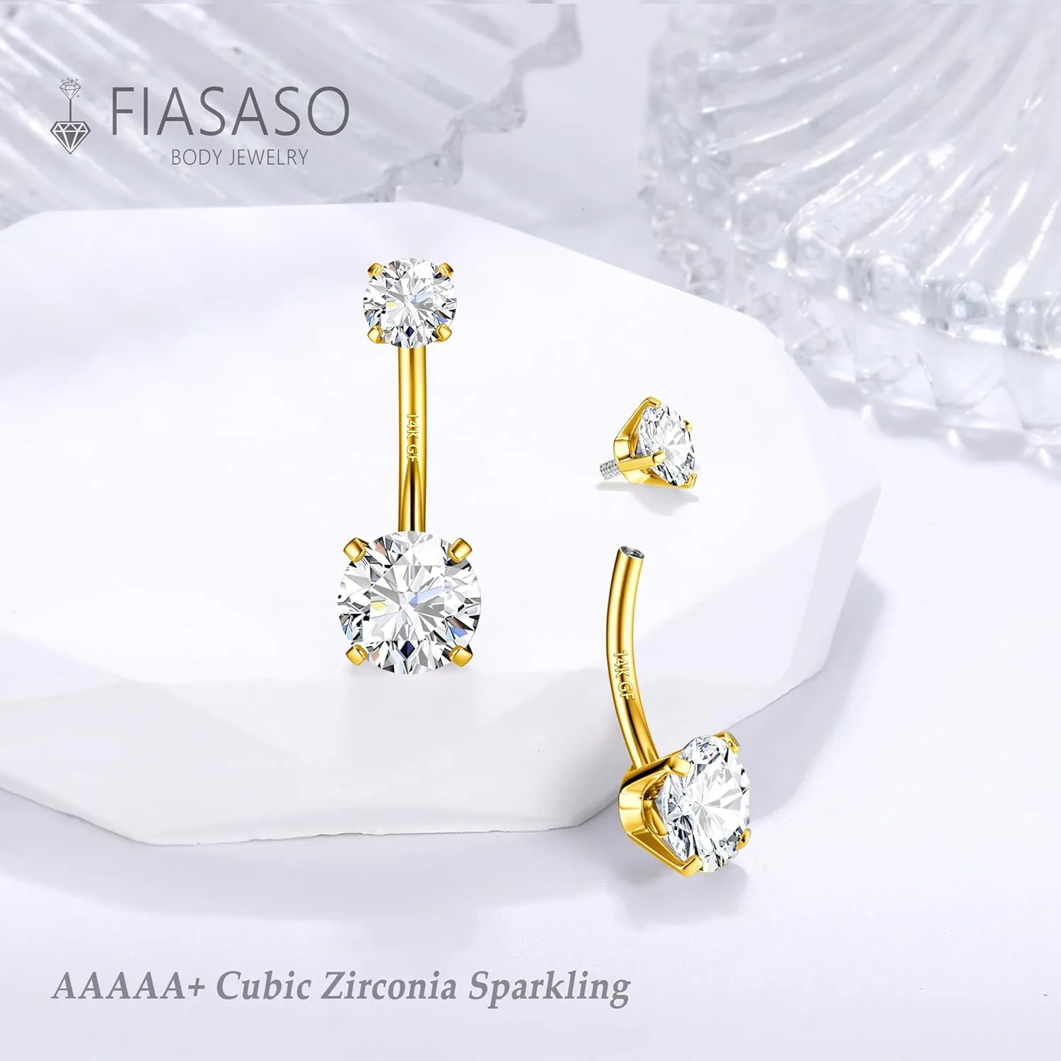 FIASASO 14G Surgical Steel G23 Titanium Sterling Silver 14K Gold Belly Button Rings for Women Round Cubic Zirconia Navel Barbell Stud Hypoallergenic Body Piercing Jewelry