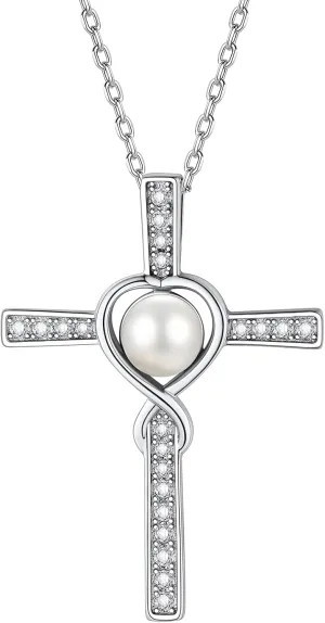 FindChic Sterling Silver Freshwater Pearl Necklaces for Women with 12 Birthstone/Heart/Infinity/Cross Pendant Fine Jewelry Valentine's Day Gift for Mom Daughter Gf, with Gift Box