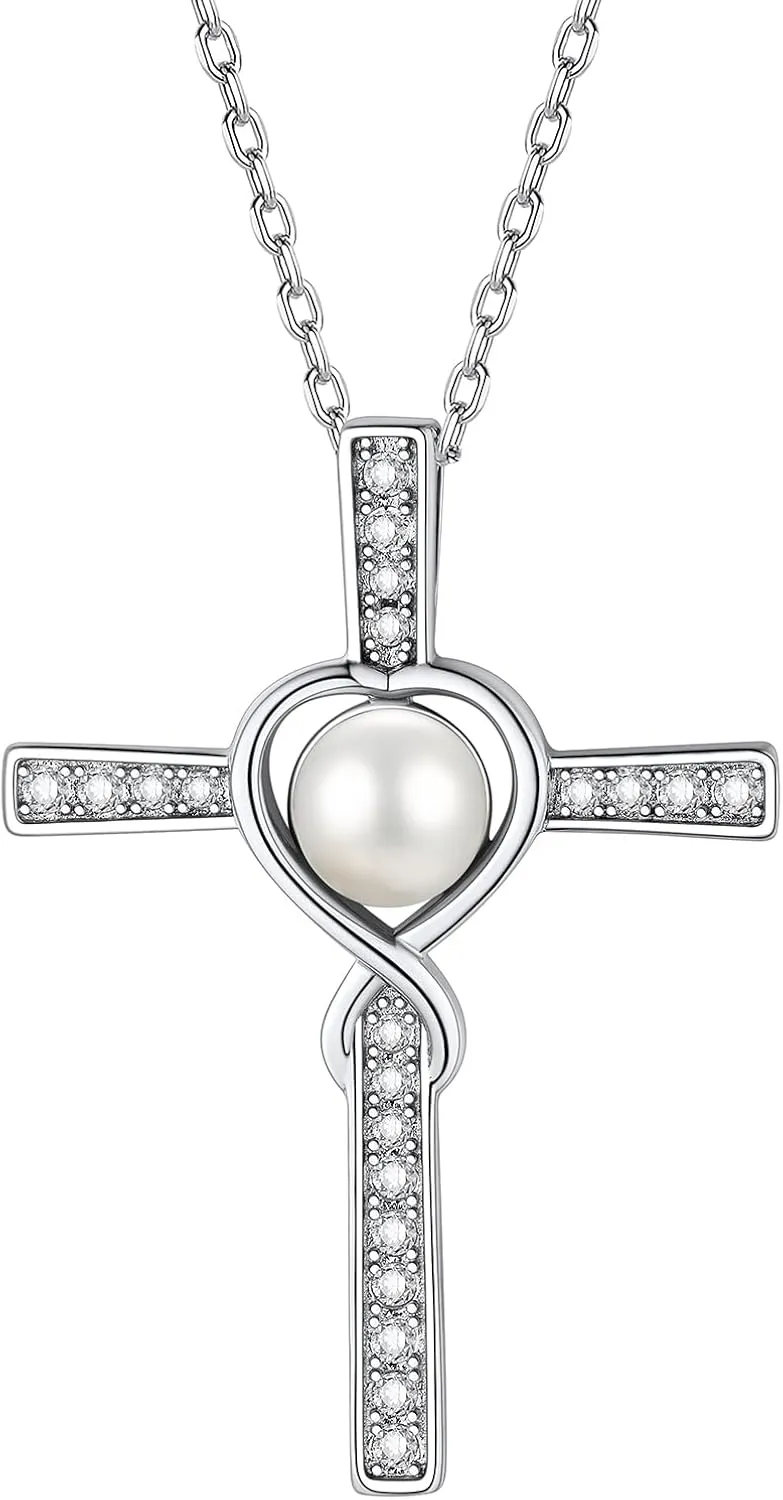 FindChic Sterling Silver Freshwater Pearl Necklaces for Women with 12 Birthstone/Heart/Infinity/Cross Pendant Fine Jewelry Valentine's Day Gift for Mom Daughter Gf, with Gift Box