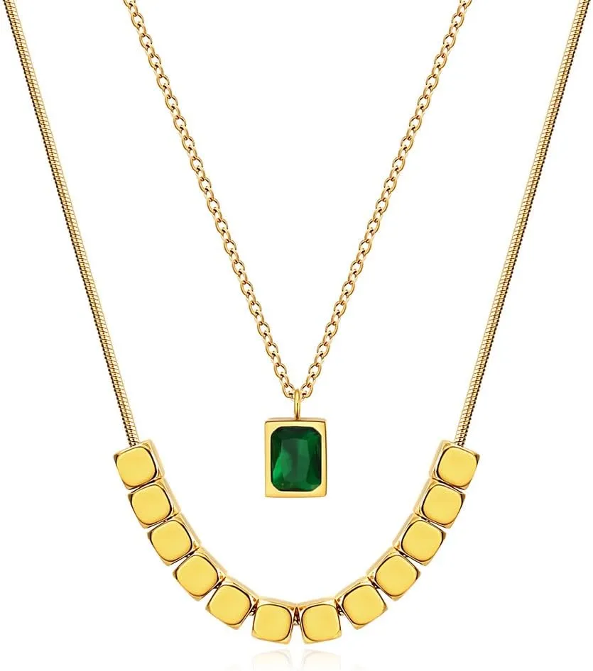 FIZIZDH Gold Square Layered Necklaces Titanium Steel Necklace Stainless Steel Minimalist Pendant Cubic Zirconia Women's Gold Necklace Exquisite Long Jewelry Gift (Green Cubic Zirconia)