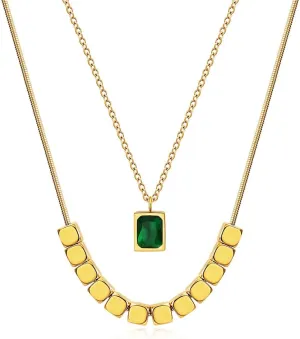 FIZIZDH Gold Square Layered Necklaces Titanium Steel Necklace Stainless Steel Minimalist Pendant Cubic Zirconia Women's Gold Necklace Exquisite Long Jewelry Gift (Green Cubic Zirconia)