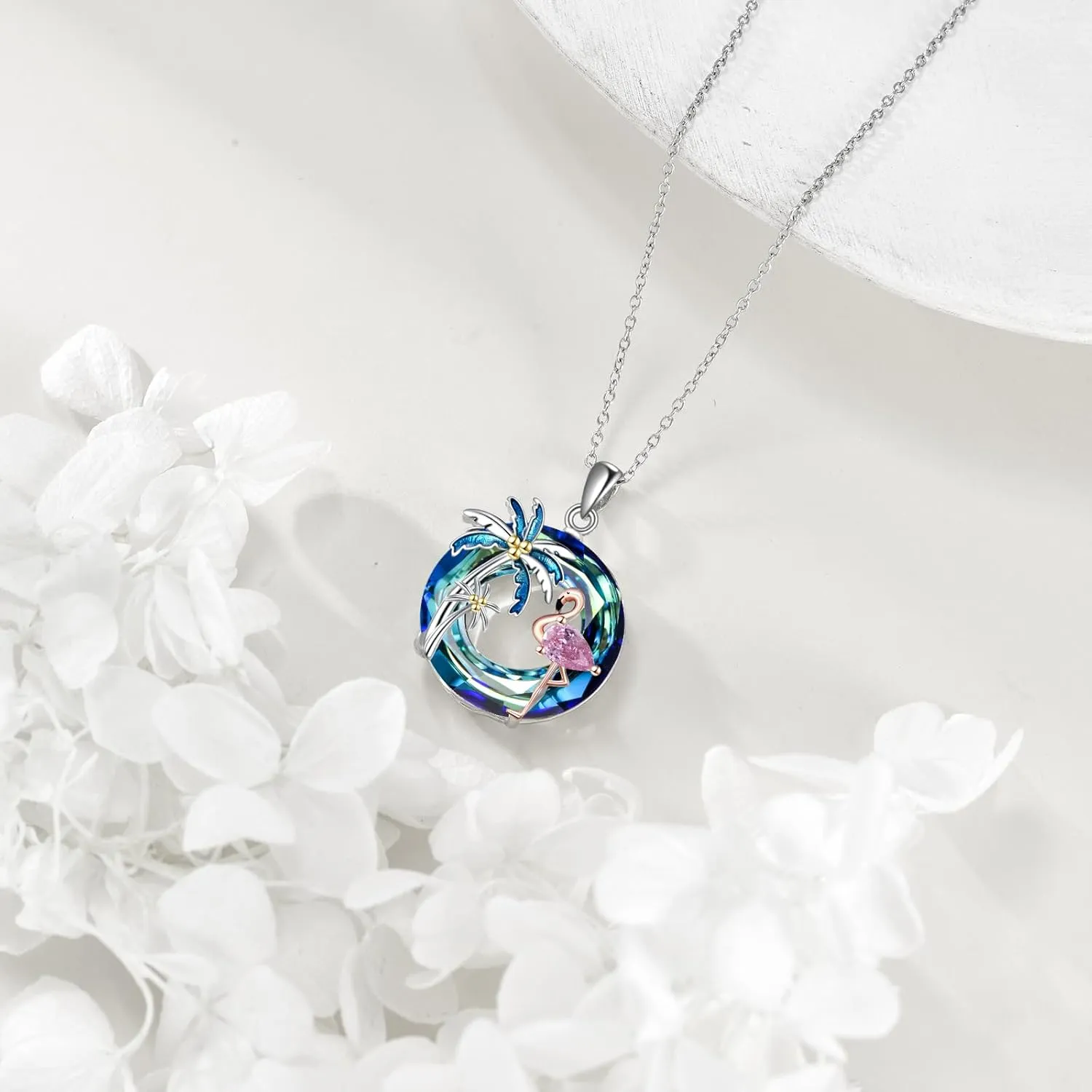 Flamingo Necklace for Women 925 Sterling Silver Flamingo Pendant Palm Trees Necklace Crystal Jewelry Gift