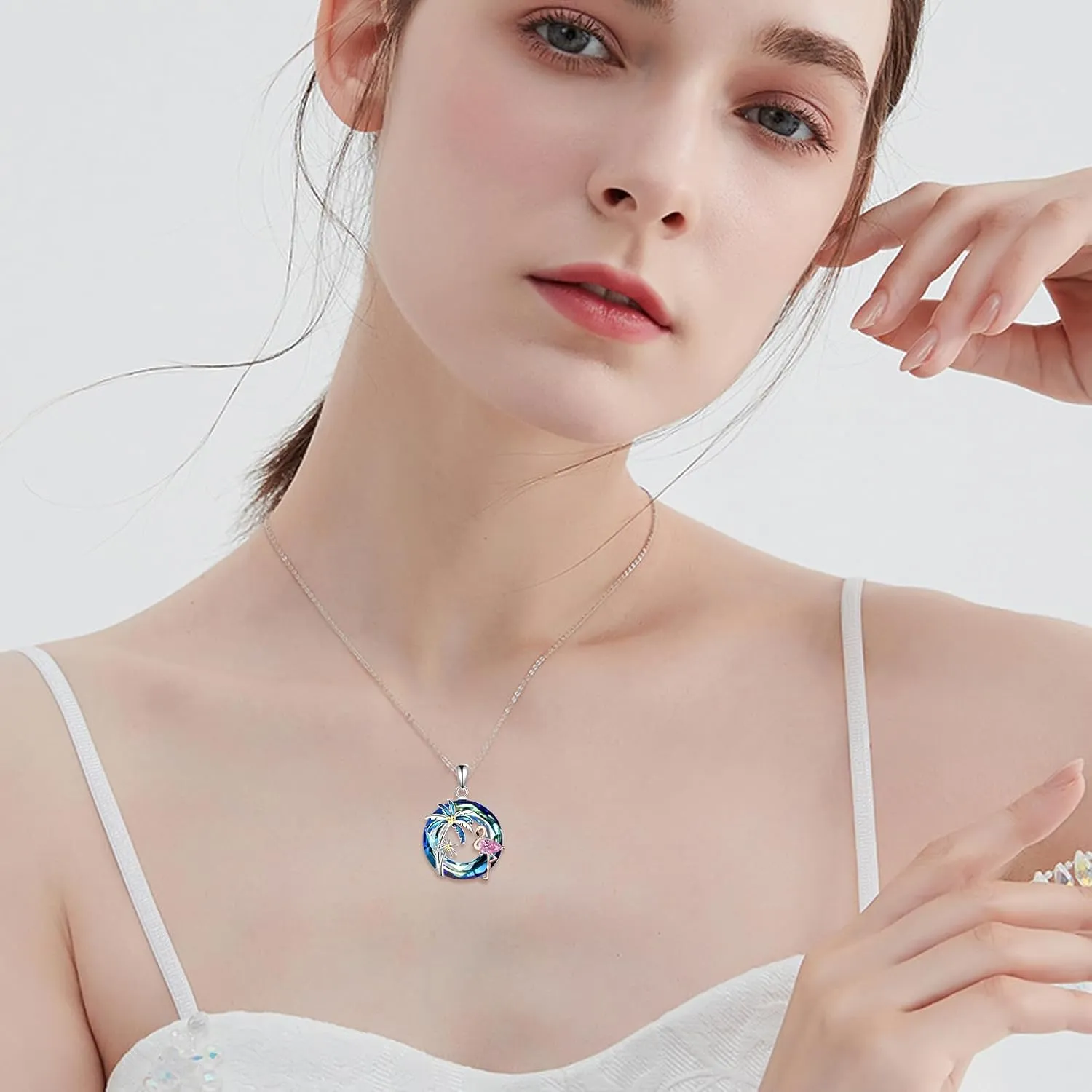 Flamingo Necklace for Women 925 Sterling Silver Flamingo Pendant Palm Trees Necklace Crystal Jewelry Gift