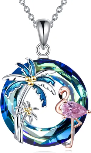 Flamingo Necklace for Women 925 Sterling Silver Flamingo Pendant Palm Trees Necklace Crystal Jewelry Gift