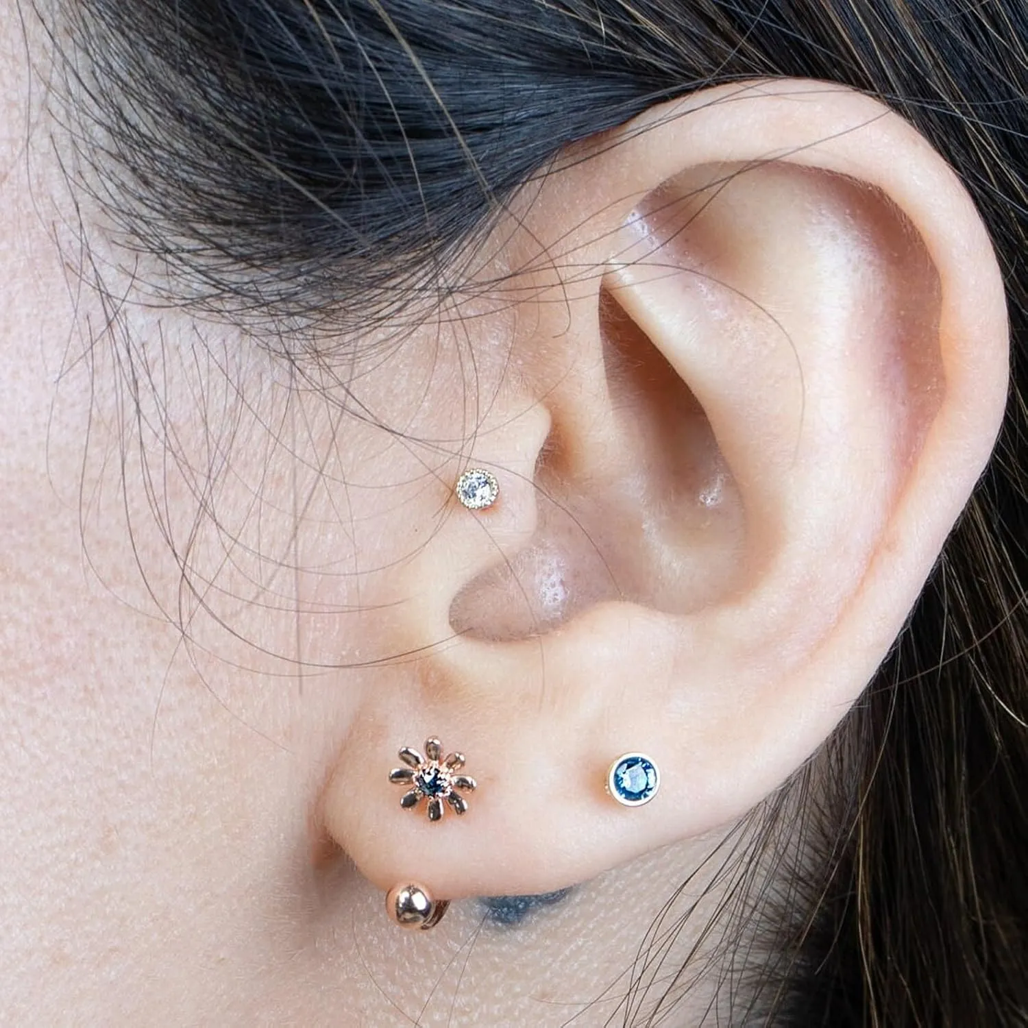 Flat Back Earring in 14K Yellow Gold - Internally Threaded & Hypoallergenic SINGLE Stud for Women - Pink Opal Round Cubic Zirconia Gemstone Jewelry for Lobe, Helix, Conch, Tragus & Cartilage Piercing