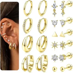Flat Back Earrings : Hypoallergenic 14K Gold Plated Surgical Steel Earrings for Sensitive Ears - Chunky Hoop Huggies Earring Dainty Cartilage Helix Muliple Piercing Jewelry for Women Men