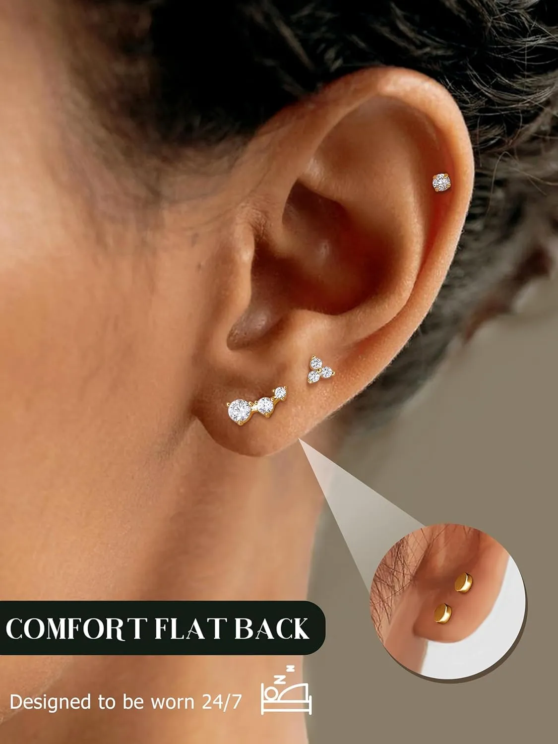 Flat Back Sterling Silver Gold Stud Earrings for Women Hypoallergenic 14K Gold Plated Earrings for Sensitive Ears Women 2025 Butterfly Flower CZ Cartilage Earring Stacks Helix Tragus Piercing Jewelry