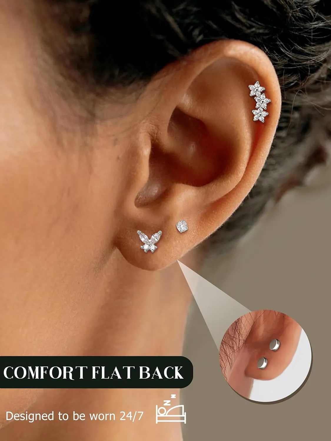 Flat Back Sterling Silver Gold Stud Earrings for Women Hypoallergenic 14K Gold Plated Earrings for Sensitive Ears Women 2025 Butterfly Flower CZ Cartilage Earring Stacks Helix Tragus Piercing Jewelry