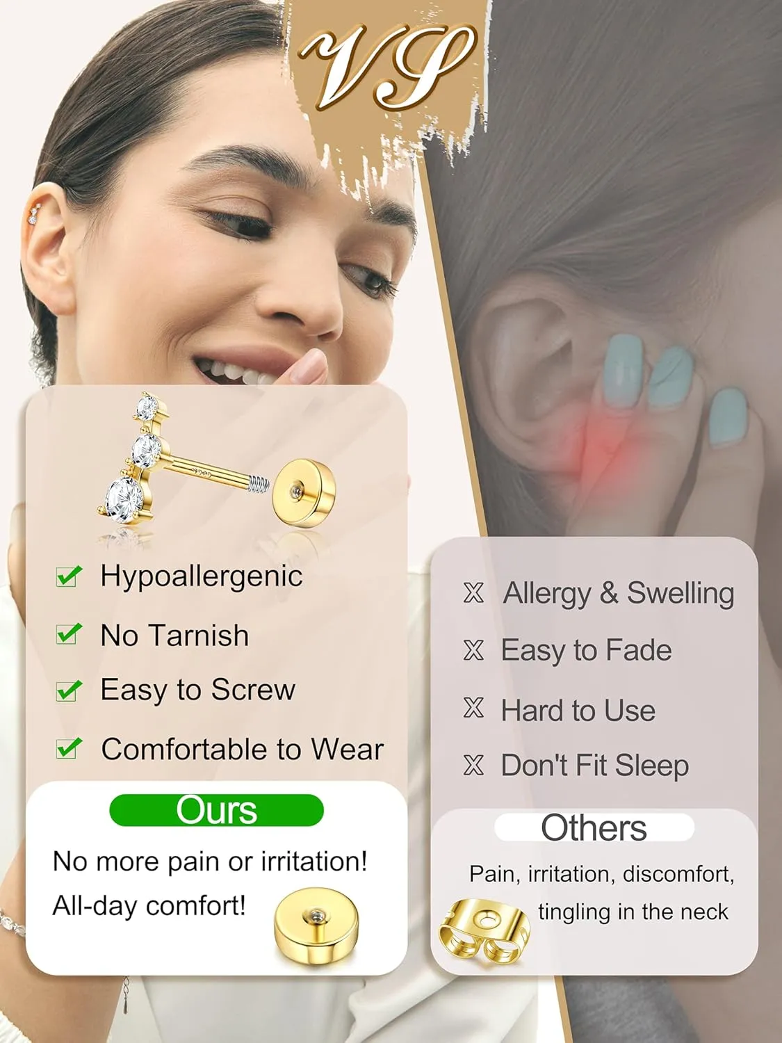 Flat Back Sterling Silver Gold Stud Earrings for Women Hypoallergenic 14K Gold Plated Earrings for Sensitive Ears Women 2025 Butterfly Flower CZ Cartilage Earring Stacks Helix Tragus Piercing Jewelry