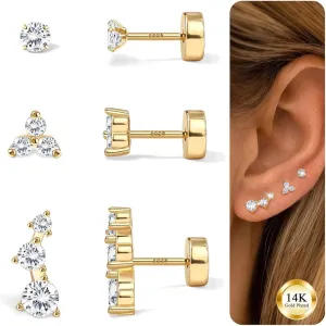 Flat Back Sterling Silver Gold Stud Earrings for Women Hypoallergenic 14K Gold Plated Earrings for Sensitive Ears Women 2025 Butterfly Flower CZ Cartilage Earring Stacks Helix Tragus Piercing Jewelry