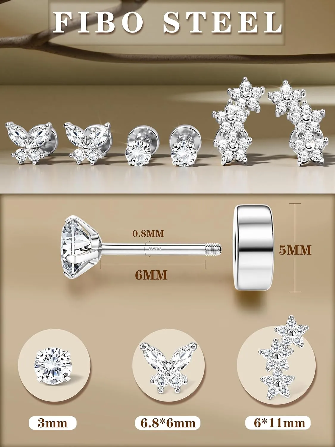 Flat Back Sterling Silver Gold Stud Earrings for Women Hypoallergenic 14K Gold Plated Earrings for Sensitive Ears Women 2025 Butterfly Flower CZ Cartilage Earring Stacks Helix Tragus Piercing Jewelry