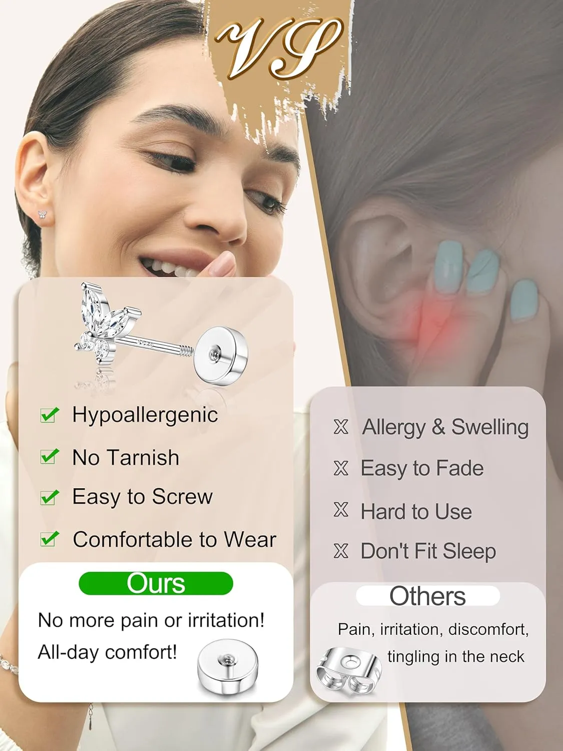 Flat Back Sterling Silver Gold Stud Earrings for Women Hypoallergenic 14K Gold Plated Earrings for Sensitive Ears Women 2025 Butterfly Flower CZ Cartilage Earring Stacks Helix Tragus Piercing Jewelry