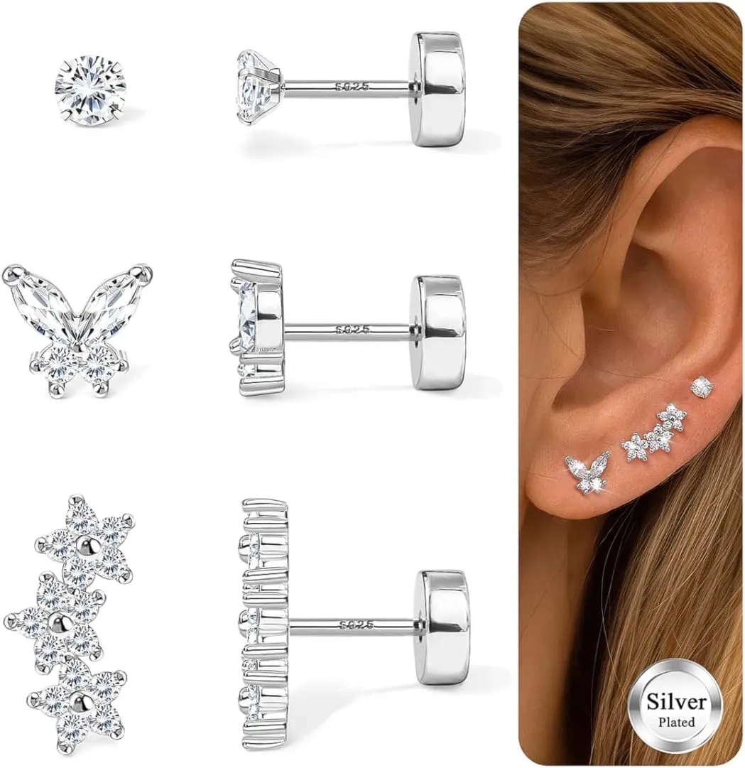 Flat Back Sterling Silver Gold Stud Earrings for Women Hypoallergenic 14K Gold Plated Earrings for Sensitive Ears Women 2025 Butterfly Flower CZ Cartilage Earring Stacks Helix Tragus Piercing Jewelry