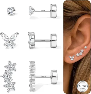 Flat Back Sterling Silver Gold Stud Earrings for Women Hypoallergenic 14K Gold Plated Earrings for Sensitive Ears Women 2025 Butterfly Flower CZ Cartilage Earring Stacks Helix Tragus Piercing Jewelry