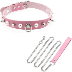 FM FM42 Multicolor PU Leather Simulated Pearls Spikes Rivets Collar Choker Necklace with Detachable Chain Leash