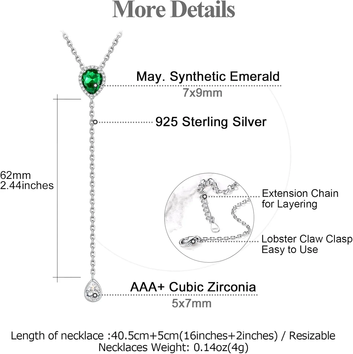 FOCALOOK 925 Sterling Silver Birthstone Long Pendant Necklace 16"-18" Y Drop Adjustable CZ Teardrop Lariat Necklaces for Women Mom Birthday Jewelry