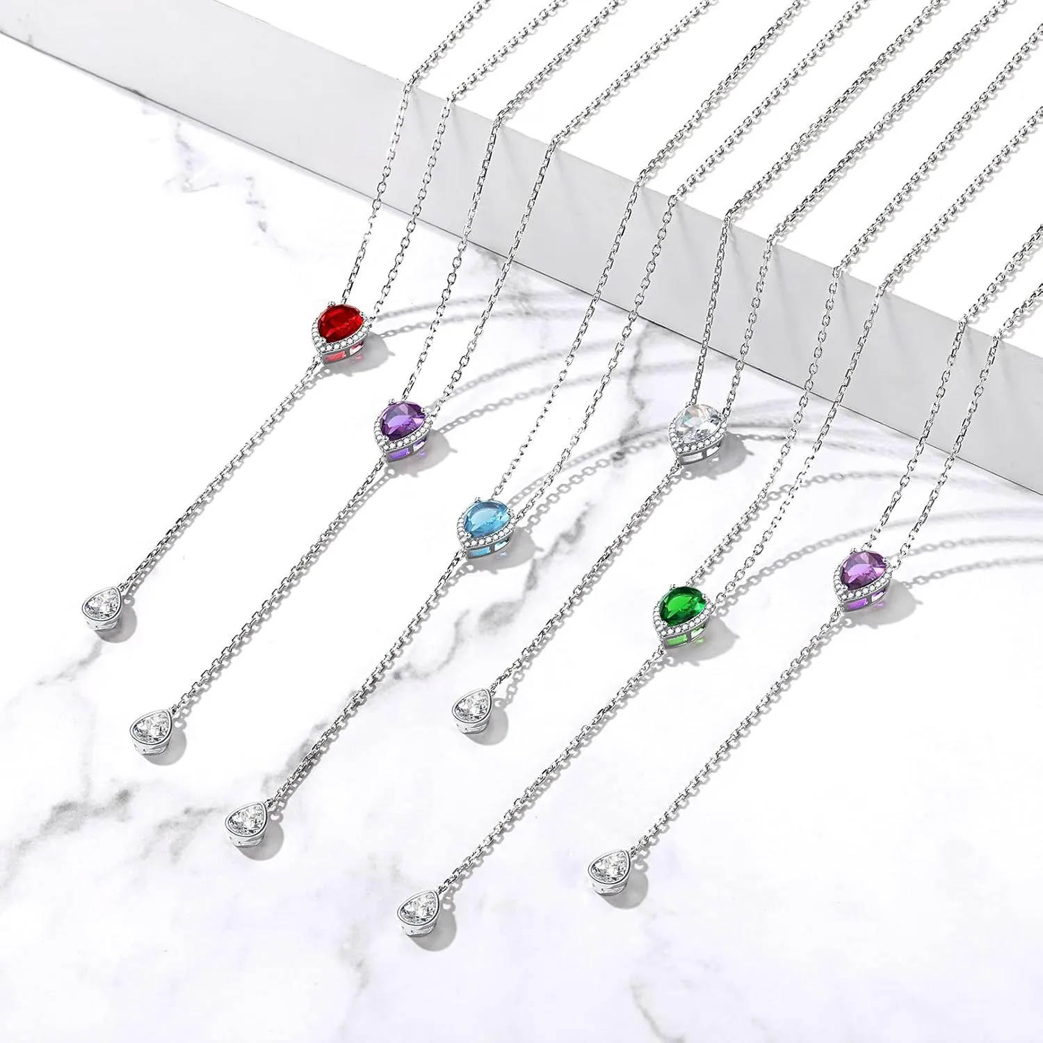 FOCALOOK 925 Sterling Silver Birthstone Long Pendant Necklace 16"-18" Y Drop Adjustable CZ Teardrop Lariat Necklaces for Women Mom Birthday Jewelry