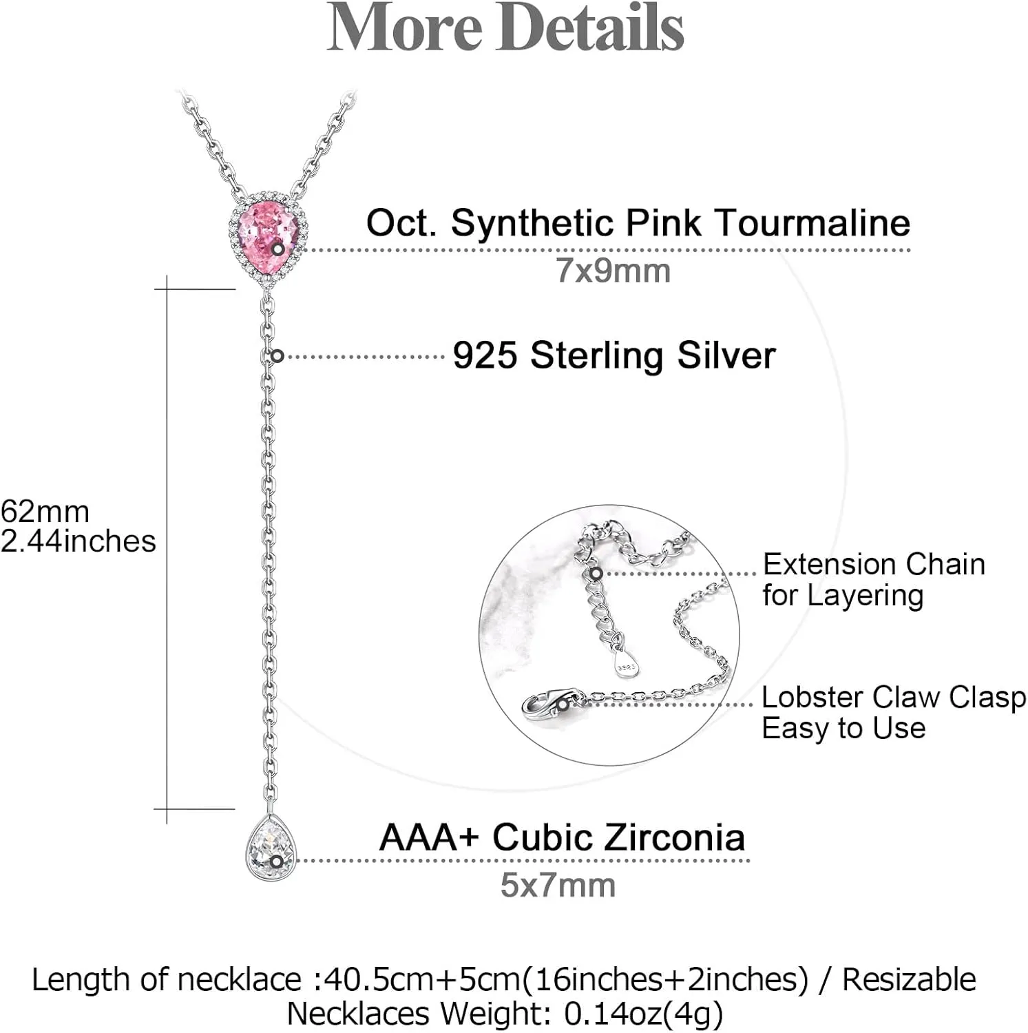 FOCALOOK 925 Sterling Silver Birthstone Long Pendant Necklace 16"-18" Y Drop Adjustable CZ Teardrop Lariat Necklaces for Women Mom Birthday Jewelry