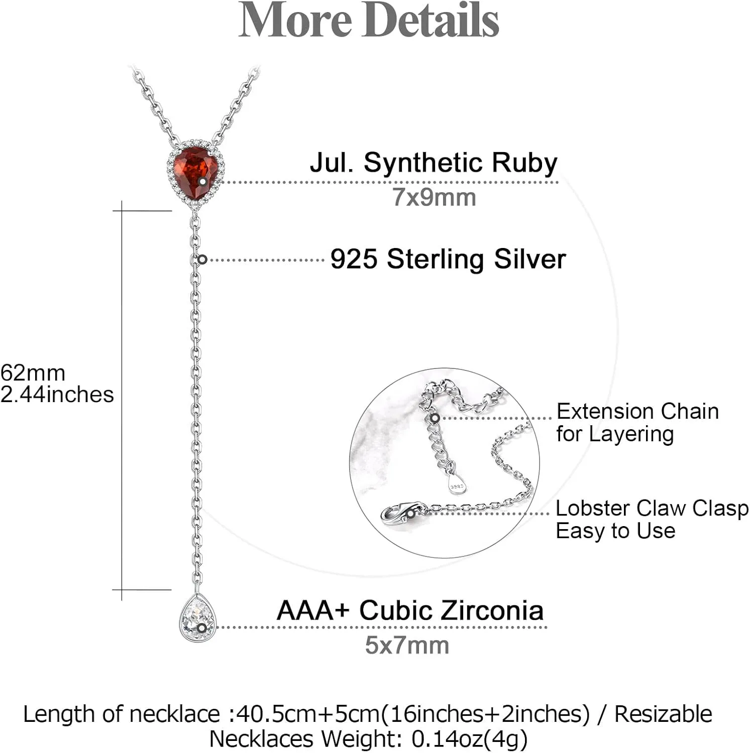 FOCALOOK 925 Sterling Silver Birthstone Long Pendant Necklace 16"-18" Y Drop Adjustable CZ Teardrop Lariat Necklaces for Women Mom Birthday Jewelry
