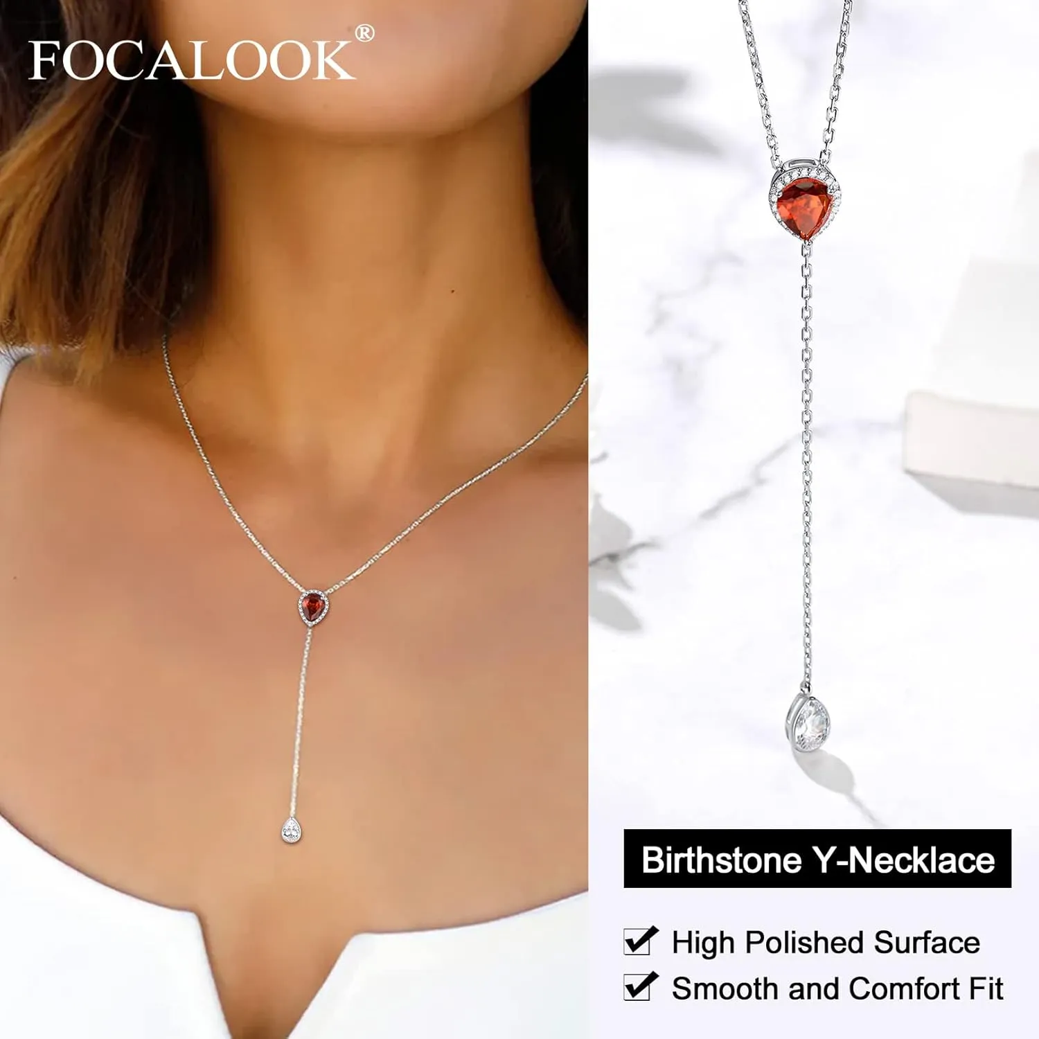 FOCALOOK 925 Sterling Silver Birthstone Long Pendant Necklace 16"-18" Y Drop Adjustable CZ Teardrop Lariat Necklaces for Women Mom Birthday Jewelry
