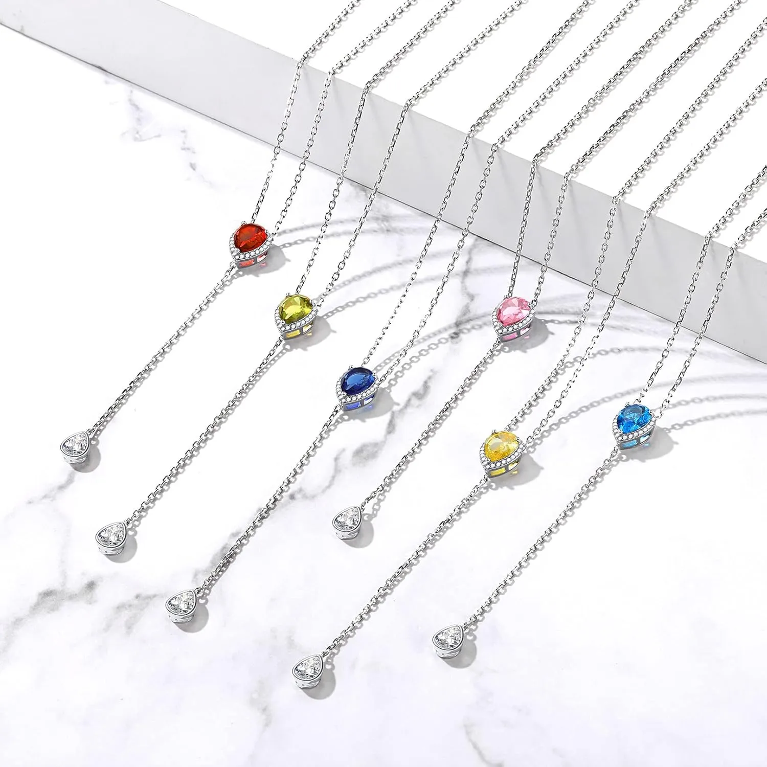FOCALOOK 925 Sterling Silver Birthstone Long Pendant Necklace 16"-18" Y Drop Adjustable CZ Teardrop Lariat Necklaces for Women Mom Birthday Jewelry