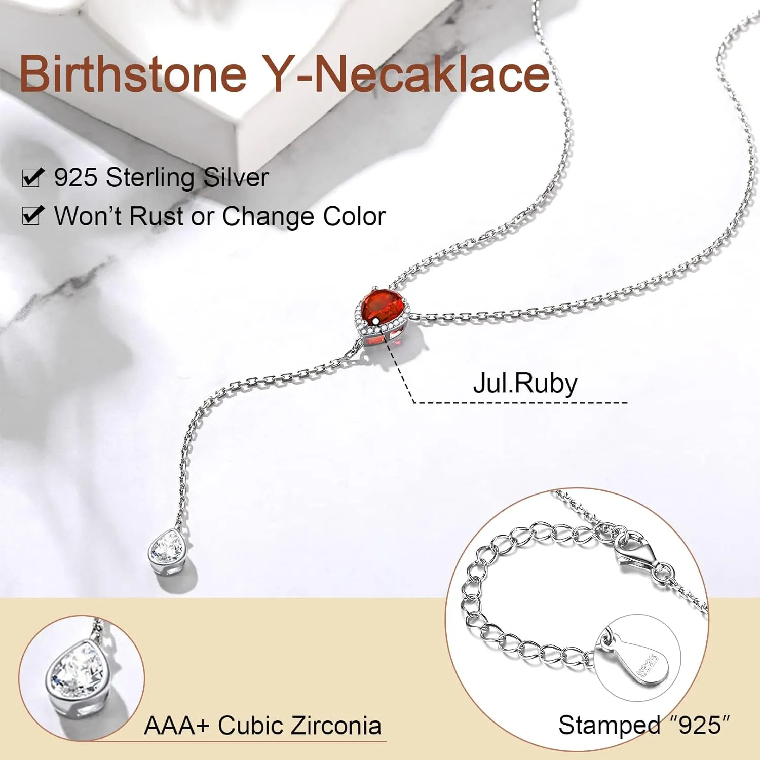 FOCALOOK 925 Sterling Silver Birthstone Long Pendant Necklace 16"-18" Y Drop Adjustable CZ Teardrop Lariat Necklaces for Women Mom Birthday Jewelry