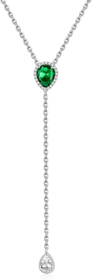 FOCALOOK 925 Sterling Silver Birthstone Long Pendant Necklace 16"-18" Y Drop Adjustable CZ Teardrop Lariat Necklaces for Women Mom Birthday Jewelry