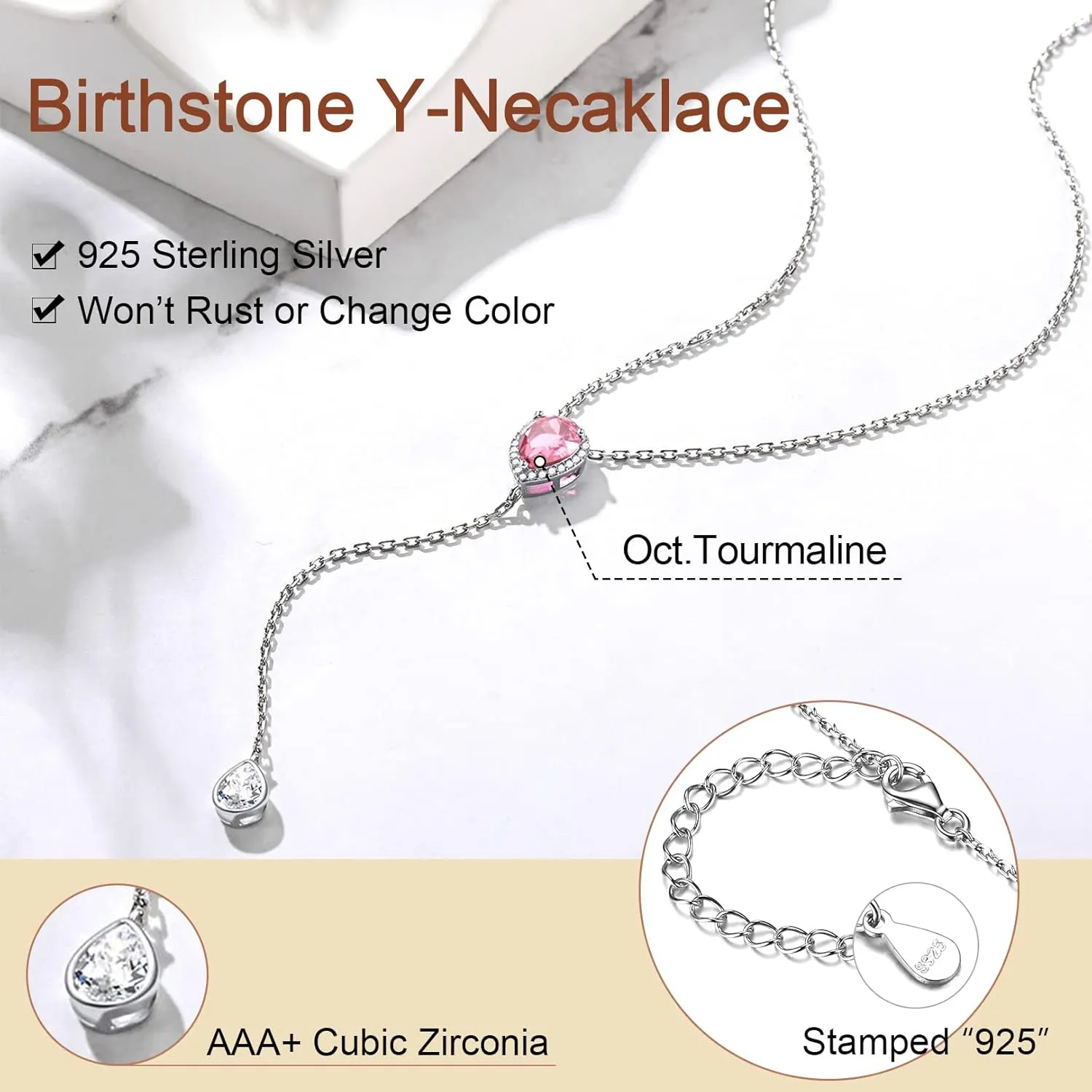 FOCALOOK 925 Sterling Silver Birthstone Long Pendant Necklace 16"-18" Y Drop Adjustable CZ Teardrop Lariat Necklaces for Women Mom Birthday Jewelry