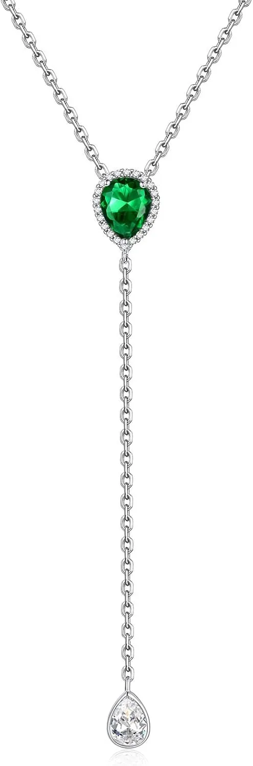 FOCALOOK 925 Sterling Silver Birthstone Long Pendant Necklace 16"-18" Y Drop Adjustable CZ Teardrop Lariat Necklaces for Women Mom Birthday Jewelry