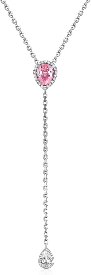 FOCALOOK 925 Sterling Silver Birthstone Long Pendant Necklace 16"-18" Y Drop Adjustable CZ Teardrop Lariat Necklaces for Women Mom Birthday Jewelry