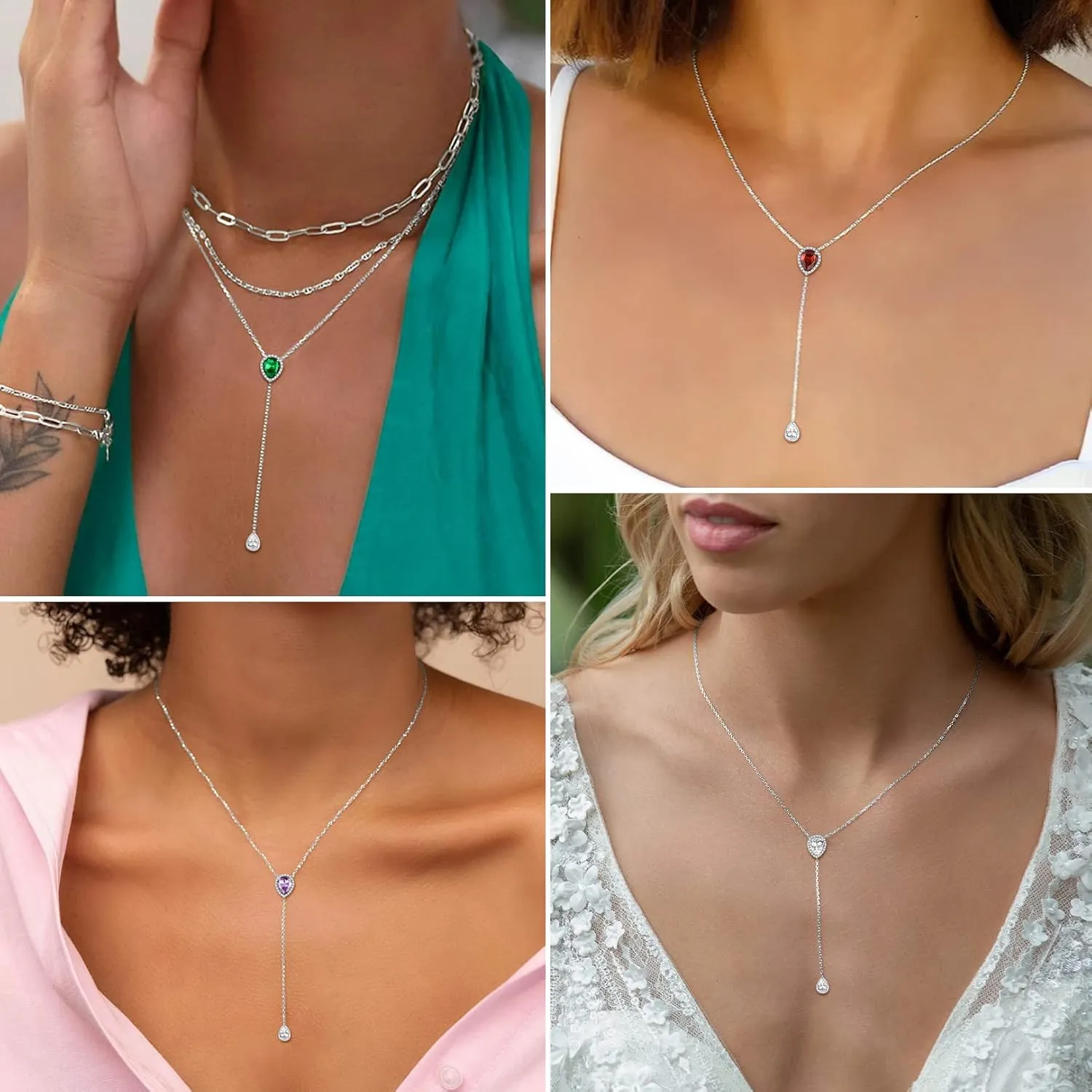 FOCALOOK 925 Sterling Silver Birthstone Long Pendant Necklace 16"-18" Y Drop Adjustable CZ Teardrop Lariat Necklaces for Women Mom Birthday Jewelry