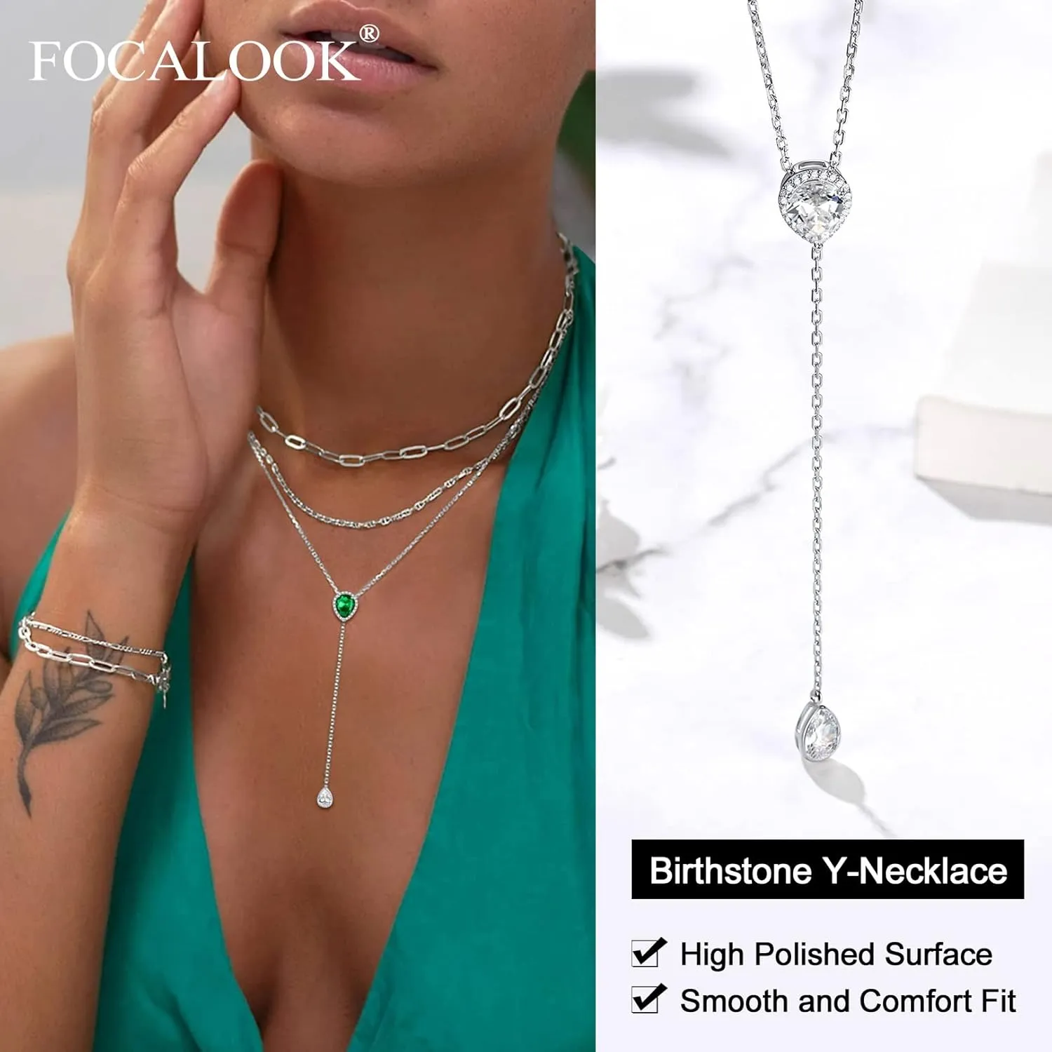 FOCALOOK 925 Sterling Silver Birthstone Long Pendant Necklace 16"-18" Y Drop Adjustable CZ Teardrop Lariat Necklaces for Women Mom Birthday Jewelry