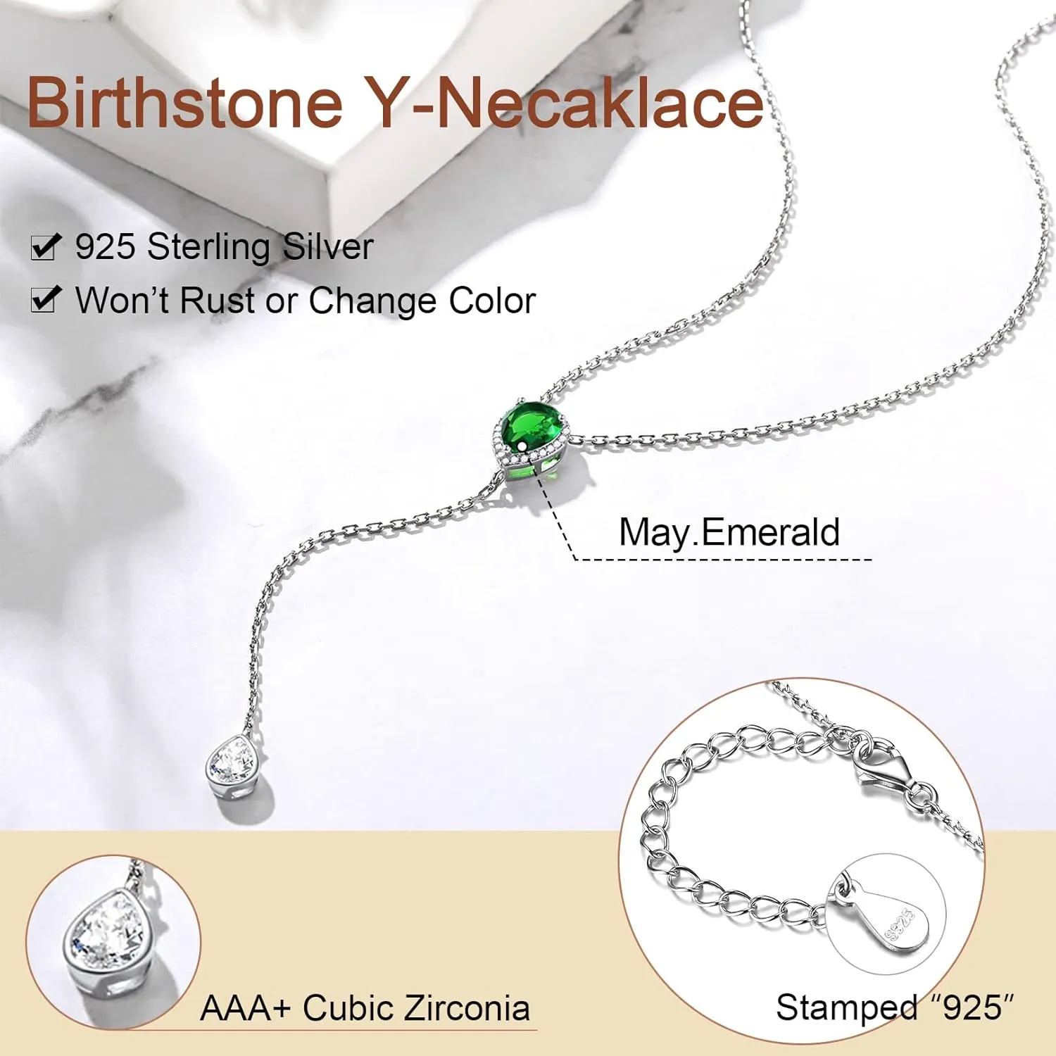 FOCALOOK 925 Sterling Silver Birthstone Long Pendant Necklace 16"-18" Y Drop Adjustable CZ Teardrop Lariat Necklaces for Women Mom Birthday Jewelry