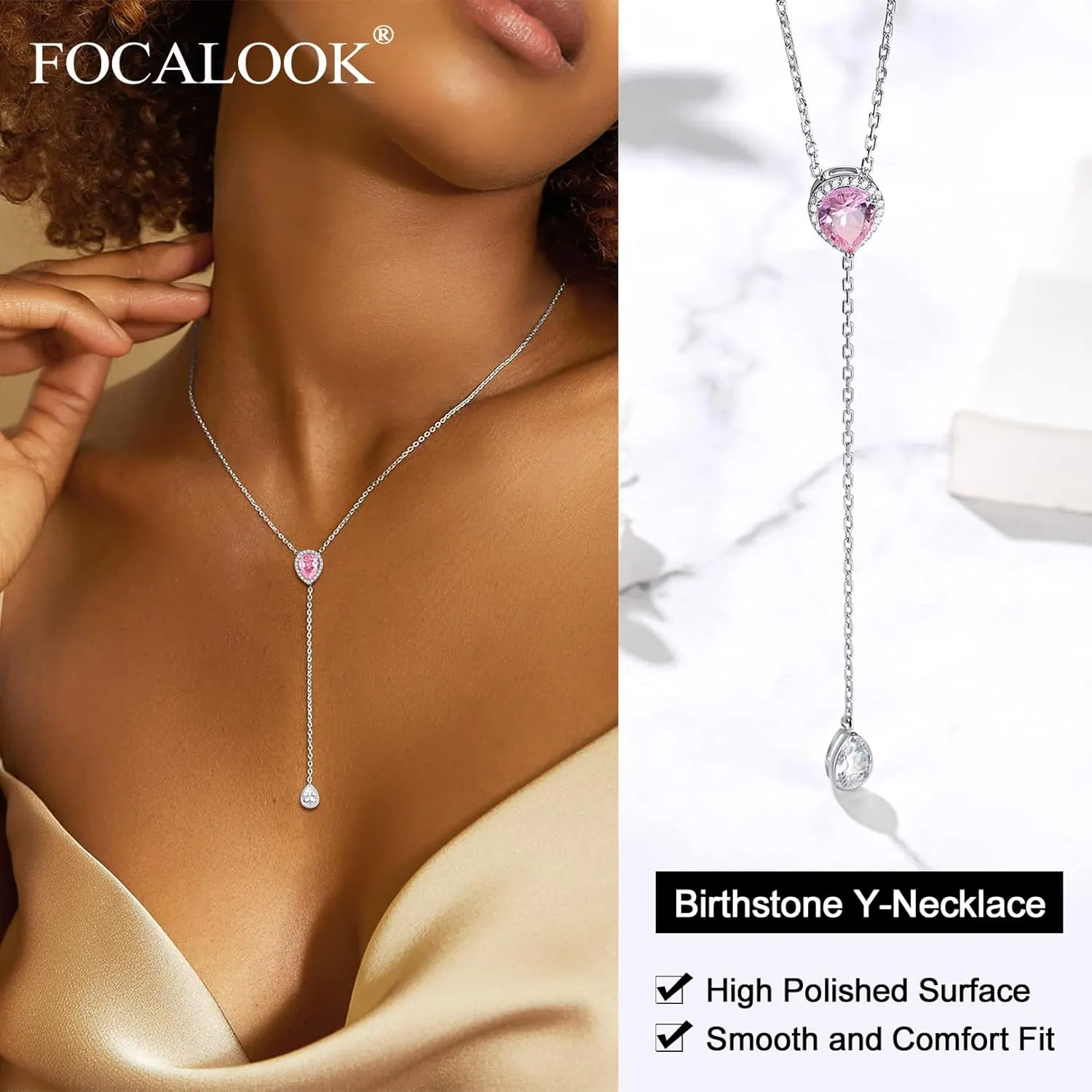 FOCALOOK 925 Sterling Silver Birthstone Long Pendant Necklace 16"-18" Y Drop Adjustable CZ Teardrop Lariat Necklaces for Women Mom Birthday Jewelry