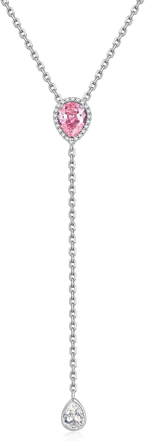 FOCALOOK 925 Sterling Silver Birthstone Long Pendant Necklace 16"-18" Y Drop Adjustable CZ Teardrop Lariat Necklaces for Women Mom Birthday Jewelry