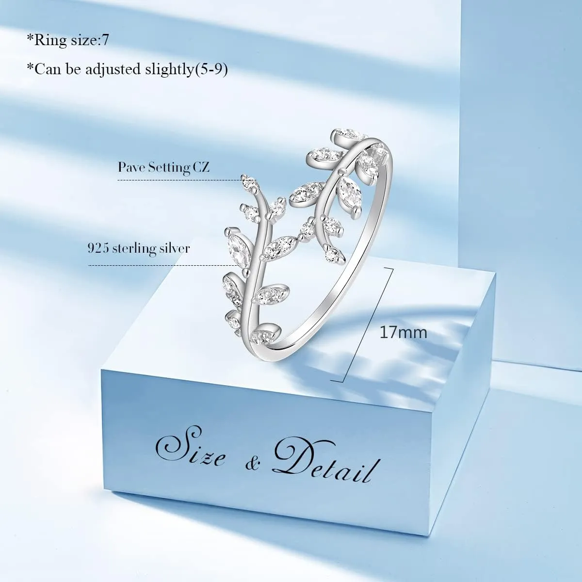 FOREVER QUEEN Women Olive Leaf Ring Sterling Silver 18K Gold plated Adjustable Infinity Leaf Branch Ring Stackbale Band Mother Wife Valentine Mother Day Gift