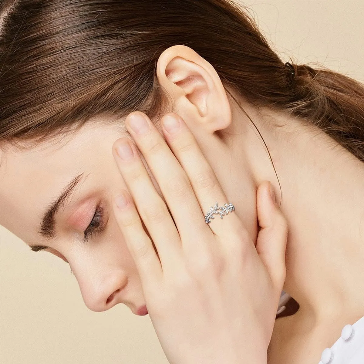 FOREVER QUEEN Women Olive Leaf Ring Sterling Silver 18K Gold plated Adjustable Infinity Leaf Branch Ring Stackbale Band Mother Wife Valentine Mother Day Gift