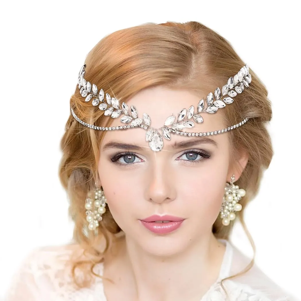 Formery Bridal Crystal Head Chain Leaves Wedding Hair Jewelry Sparkly Rhinestone Tiara for Bride Forehead Headpiece Accessories for Women