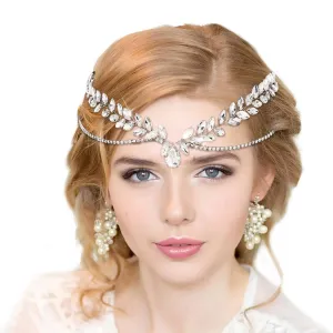 Formery Bridal Crystal Head Chain Leaves Wedding Hair Jewelry Sparkly Rhinestone Tiara for Bride Forehead Headpiece Accessories for Women