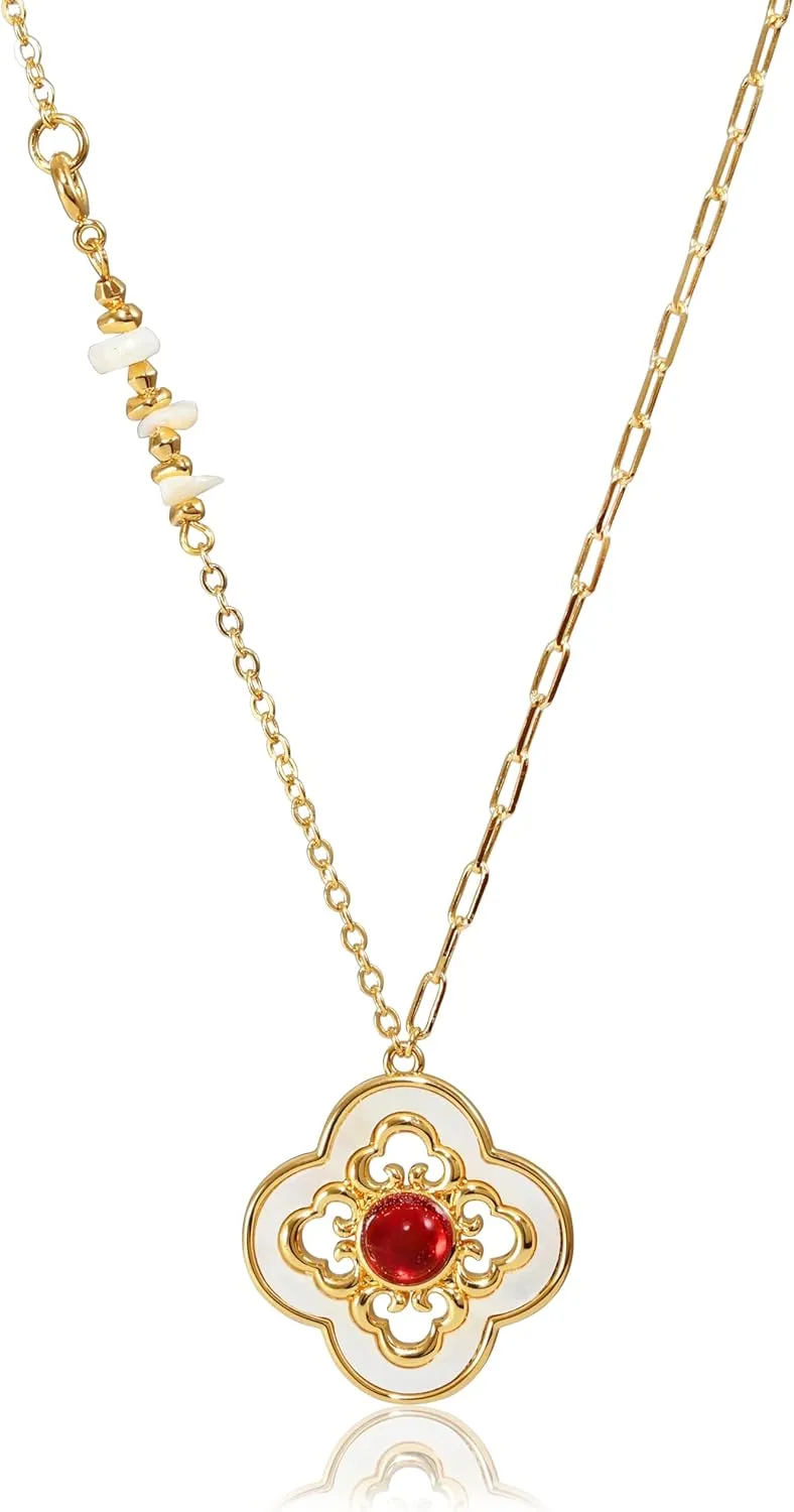 Four Leaf Clover Necklace for Women 18K Gold Plated Dainty Chain Necklace with Mother of Pearl Clover Charm, Lucky Pendant Necklaces Gift, Trendy Gold Layered Jewelry