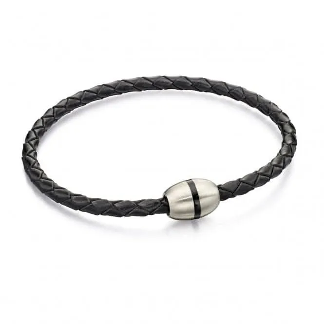Fred Bennett Stainless Steel Black Leather Thin Bracelet B4915
