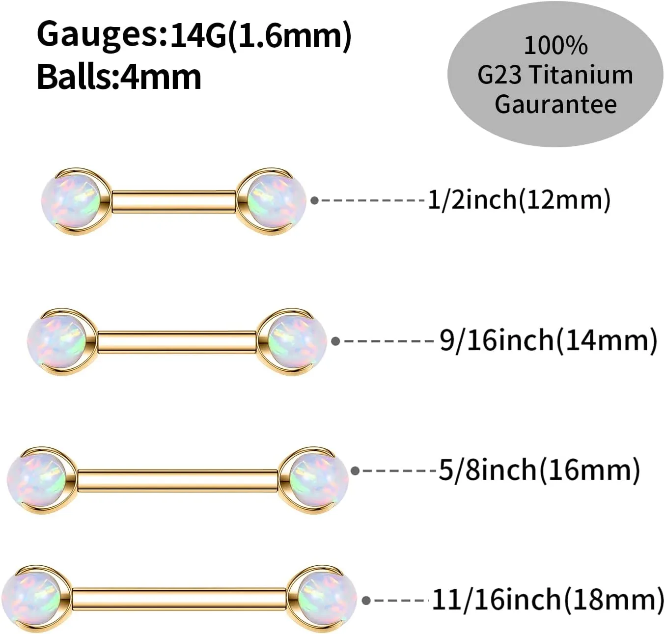 FUNLMO 1 Pair Nipple Rings G23 Titanium Nipple Piercing Jewelry Tongue Rings Internally Threaded Nipple Jewelry Bridge Piercing Jewelry 16G 14G 12G 12mm-18mm