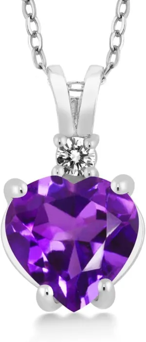Gem Stone King 14K White Gold Purple Amethyst and White Diamond Heart Shape Pendant Necklace For Women (1.67 Cttw, Gemstone Birthstone, with 18 Inch Silver Chain)