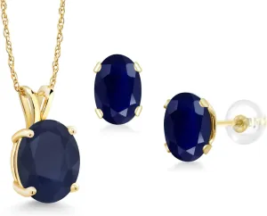 Gem Stone King 14K Yellow Gold Blue Sapphire Pendant and Earrings Jewelry Set For Women (6.60 Cttw, Oval 10X8MM and 8X6MM with 18 Inch Chain)