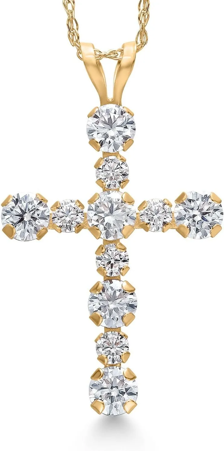 Gem Stone King 14K Yellow Gold Gemstone Birthstone and Lab Grown Diamond Cross Necklace | Jesus Christian Religious Crucifix Jewelry | 20X14MM | 18 Inch Chain | Gold Necklace For Women