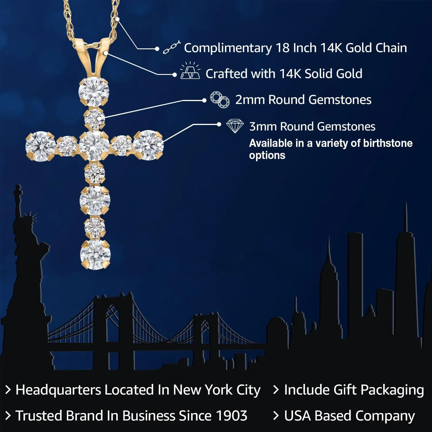 Gem Stone King 14K Yellow Gold Gemstone Birthstone and Lab Grown Diamond Cross Necklace | Jesus Christian Religious Crucifix Jewelry | 20X14MM | 18 Inch Chain | Gold Necklace For Women